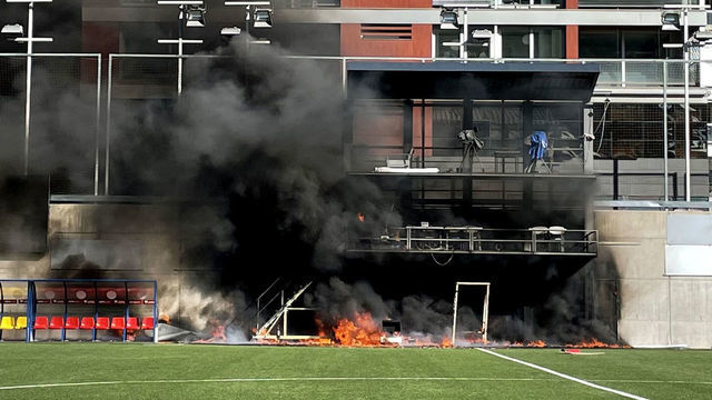 A fire breaks out at Estadi Nacional, Andorra. Preparations for Englands World Cup qualifier in Andorra were hit by a fire at the Estadi Nacional. The television gantry at the side of the 3,300-seater stadium was engulfed in flames on Friday afternoon, three hours after England had trained there. Picture date: Friday October 8, 2021.