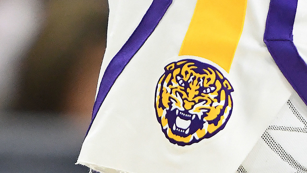 JACKSONVILLE, FL - MARCH 23: The LSU Tigers logo on air of shorts during the Second Round of the NCAA Basketball Tournament against the Maryland Terrapins at the VyStar Veterans Memorial Arena on March 23 2019 in Jacksonville, Florida.
