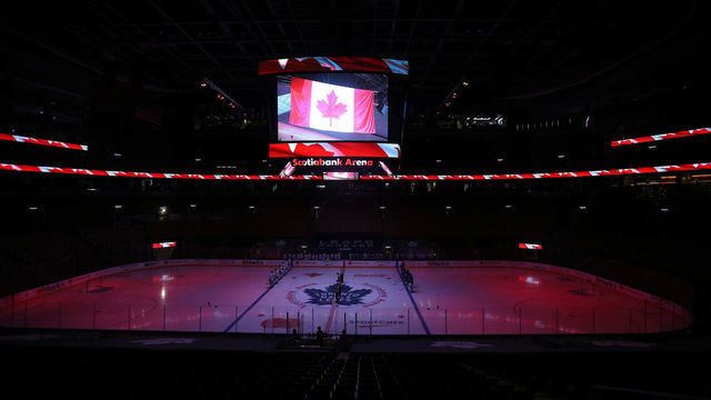Toronto, ON- January 9 - The Toronto Maple Leafs will play the season in an all Canadian division. The Toronto Maple Leafs hold their annual Blue versus White inter-squad game at ScotiaBank Arena in Toronto. January 9, 2021. The game is played before an empty arena as Ontario faces stricter restrictions to slow the spread of the COVID-19 pandemic (Steve Russell/Toronto Star via Getty Images)