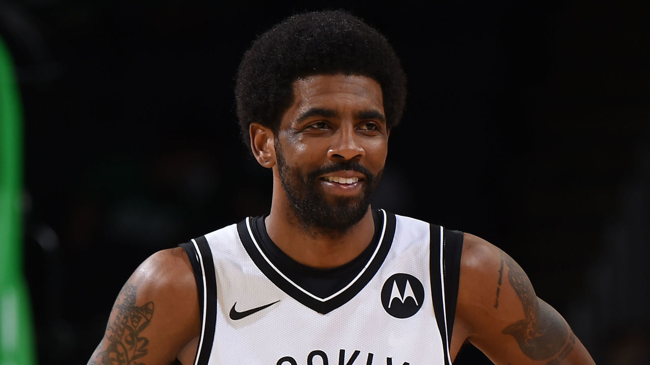 BOSTON, MA - MAY 28: Kyrie Irving #11 of the Brooklyn Nets smiles during the game against the Boston Celtics during Round 1, Game 3 of the 2021 NBA Playoffs on May 28, 2021 at the TD Garden in Boston, Massachusetts. Mandatory Copyright Notice: Copyright 2021 NBAE