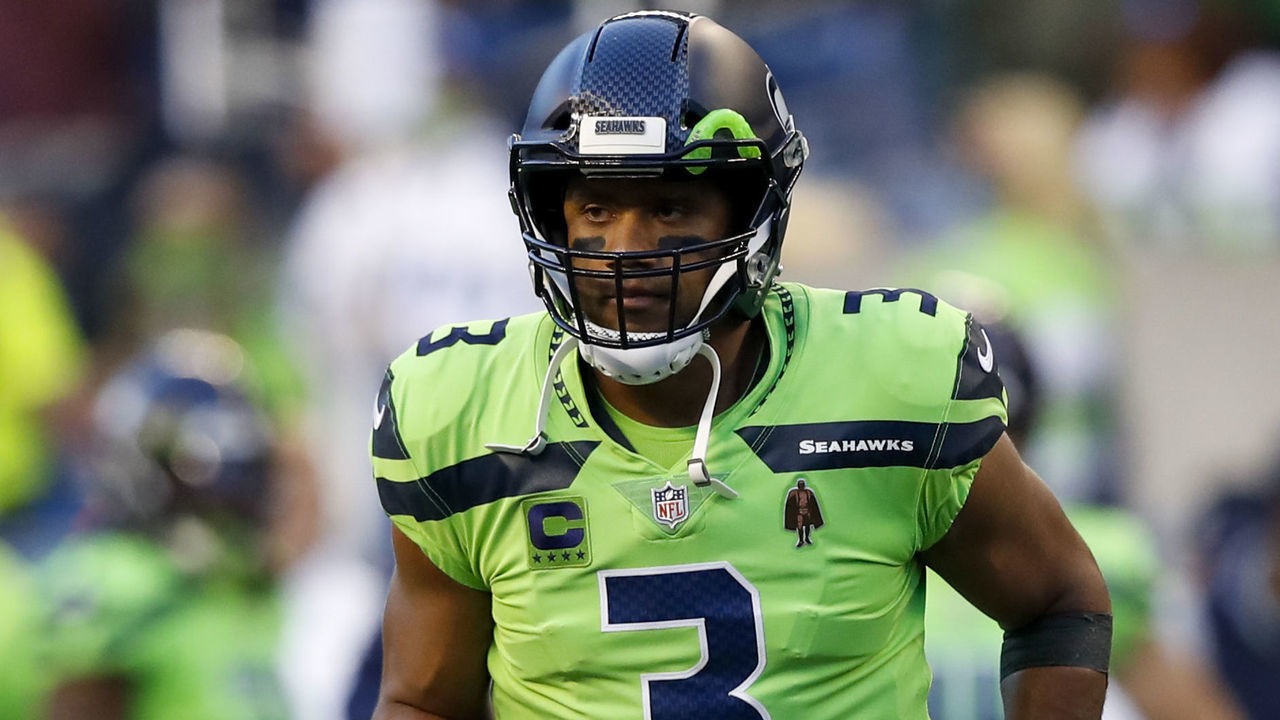 SEATTLE, WA - OCTOBER 07: Seattle Seahawks Quarterback Russell Wilson (3) running on the field during a game between the Los Angeles Rams and the Seattle Seahawks on October 7, 2021, at Lumen Field in Seattle, WA.