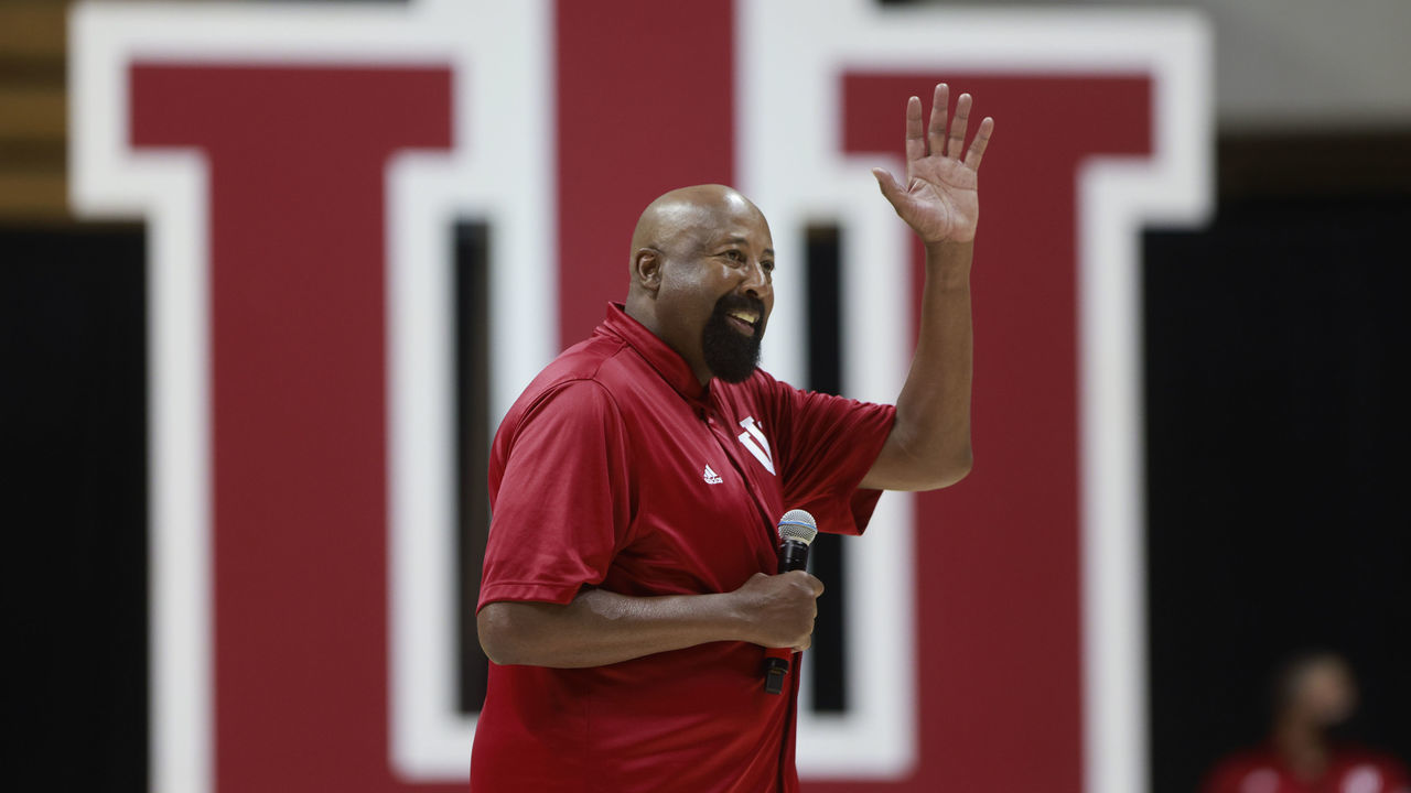 BLOOMINGTON, INDIANA, UNITED STATES - 2021/10/02: Indiana University Mens Basketball Coach Mike Woodson is introduced during Hoosier Hysteria at Simon Skjodt Assembly Hall.