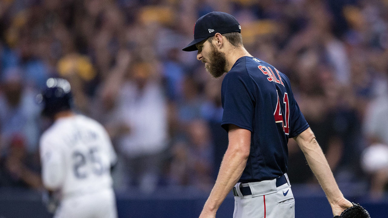 ST PETERSBURG, FL - OCTOBER 08: Chris Sale #41 of the Boston Red Sox reacts after allowing a go-ahead grand slam home run to Jordan Luplow #25 of the Tampa Bay Rays during the first inning of game two of the 2021 American League Division Series at Tropicana Field on October 8, 2021 in St Petersburg, Florida.