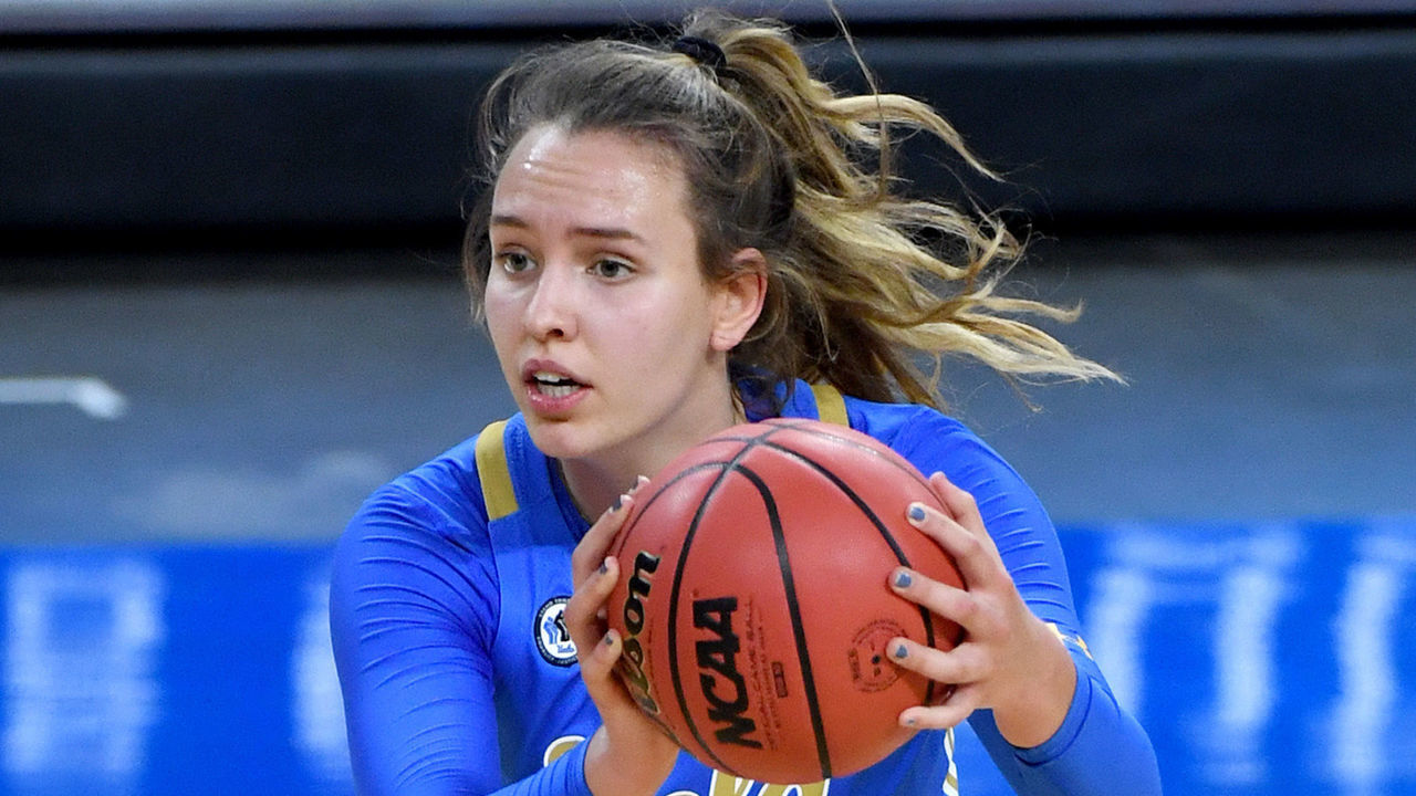 LAS VEGAS, NEVADA - MARCH 07: Emily Bessoir #11 of the UCLA Bruins looks to pass against the Stanford Cardinal during the championship game of the Pac-12 Conference women's basketball tournament at Michelob ULTRA Arena on March 7, 2021 in Las Vegas, Nevada. The Cardinal defeated the Bruins 75-55.