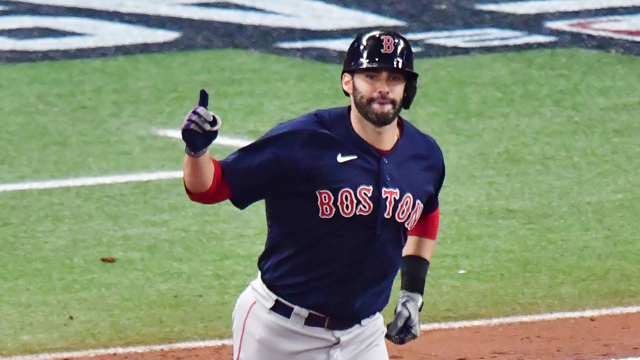 ST PETERSBURG, FLORIDA - OCTOBER 08: J.D. Martinez #28 of the Boston Red Sox celebrates his three-run homerun in the fifth inning against the Tampa Bay Rays during Game 2 of the American League Division Series at Tropicana Field on October 08, 2021 in St Petersburg, Florida.