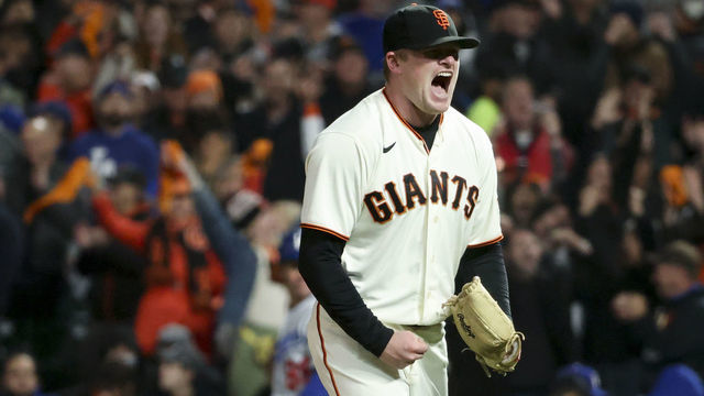 San Francisco, CA - October 08: San Francisco Giants starting pitcher Logan Webb reacts after striking out Los Angeles Dodgers' Cody Bellinger during the seventh inning at Oracle Park on Friday, Oct. 8, 2021 in San Francisco, CA. (Robert Gauthier / Los Angeles Times via Getty Images)