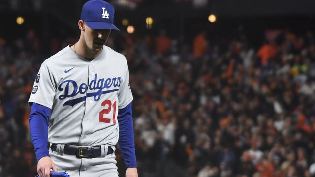 San Francisco, CA - October 08: Los Angeles Dodgers starting pitcher Walker Buehler leave the field after being removed from the game during the seventh inning against the San Francisco Giants at Oracle Park on Friday, Oct. 8, 2021 in San Francisco, CA. (Wally Skalij / Los Angeles Times via Getty Images)