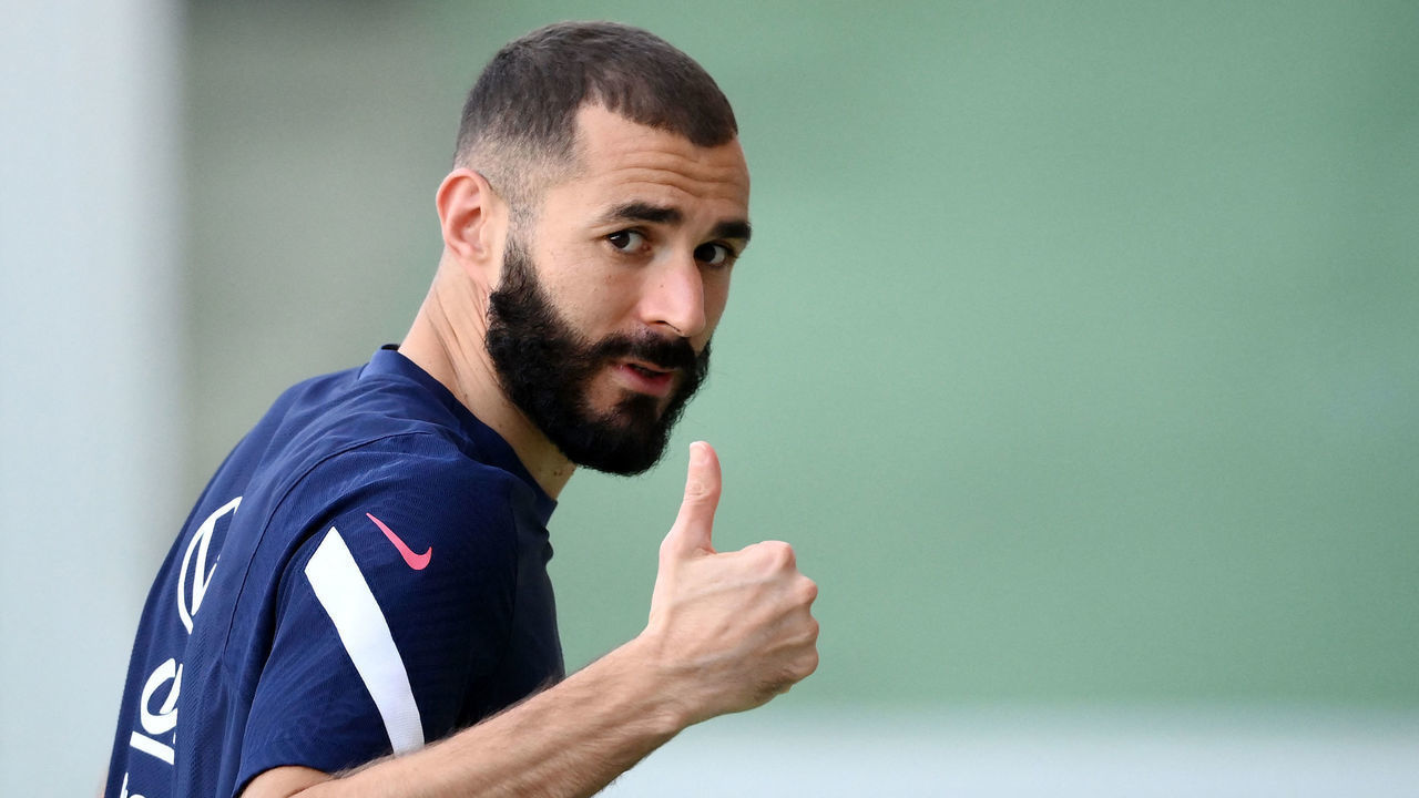 France's forward Karim Benzema reacts after a training session at the Olympic stadium in Turin, on October 8, 2021 two days prior to the UEFA Nations League final football match between Spain and France.