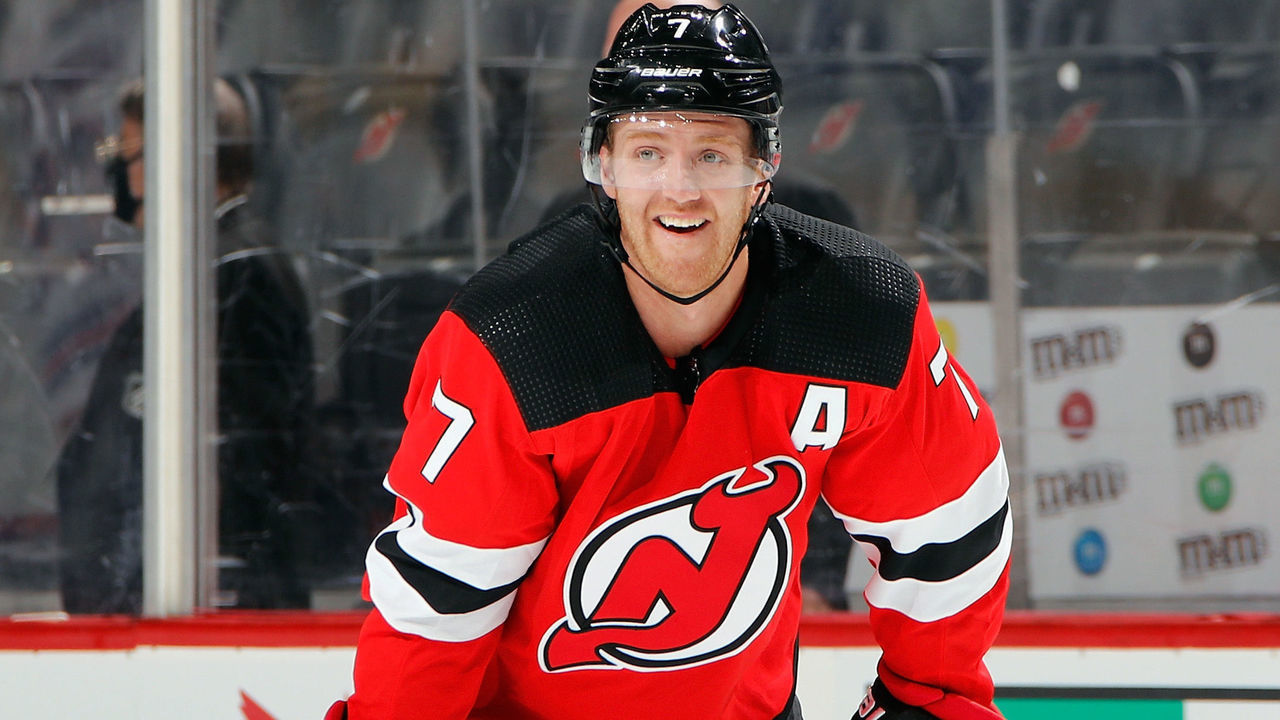 NEWARK, NEW JERSEY - OCTOBER 01: Dougie Hamilton #7 of the New Jersey Devils skates in warm-ups prior to the game against the New York Rangers in a preseason game at the Prudential Center on October 01, 2021 in Newark, New Jersey.
