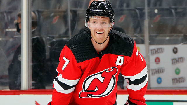 NEWARK, NEW JERSEY - OCTOBER 01: Dougie Hamilton #7 of the New Jersey Devils skates in warm-ups prior to the game against the New York Rangers in a preseason game at the Prudential Center on October 01, 2021 in Newark, New Jersey.