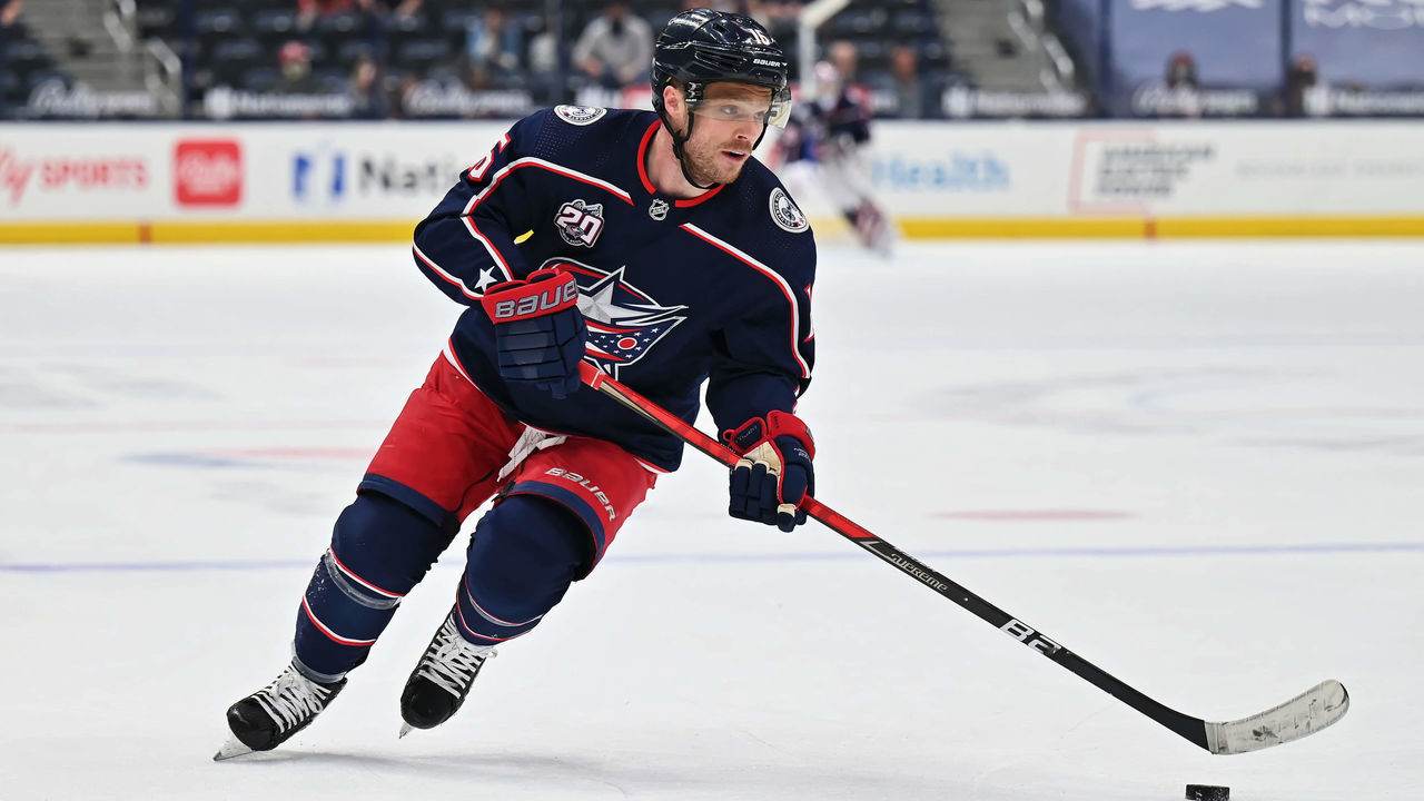 COLUMBUS, OH - APRIL 27: Max Domi #16 of the Columbus Blue Jackets skates against the Detroit Red Wings at Nationwide Arena on April 27, 2021 in Columbus, Ohio.