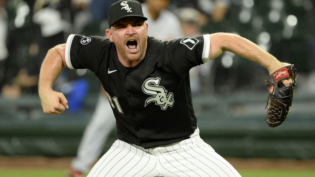 CHICAGO - OCTOBER 02: Liam Hendriks #31 of the Chicago White Sox reacts after recording the final out of the game against the Detroit Tigers on October 02, 2021 at Guaranteed Rate Field in Chicago, Illinois.