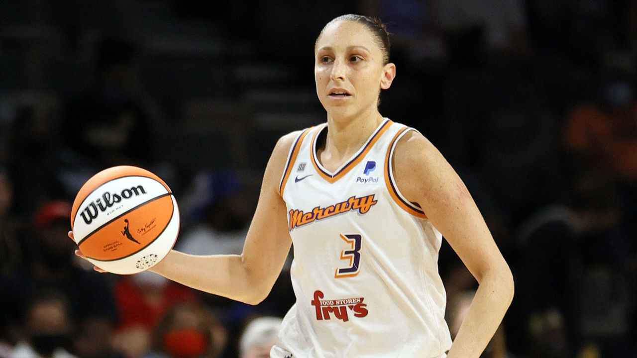 LAS VEGAS, NEVADA - OCTOBER 08: Diana Taurasi #3 of the Phoenix Mercury brings the ball up the court against the Las Vegas Aces during Game Five of the 2021 WNBA Playoffs semifinals at Michelob ULTRA Arena on October 8, 2021 in Las Vegas, Nevada. The Mercury defeated the Aces 87-84 to win the series.