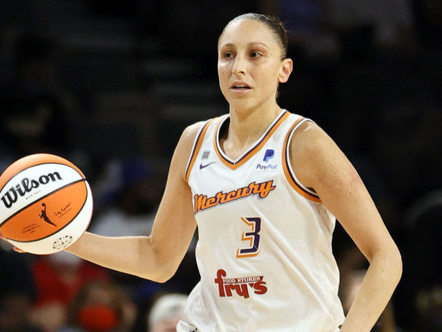 LAS VEGAS, NEVADA - OCTOBER 08: Diana Taurasi #3 of the Phoenix Mercury brings the ball up the court against the Las Vegas Aces during Game Five of the 2021 WNBA Playoffs semifinals at Michelob ULTRA Arena on October 8, 2021 in Las Vegas, Nevada. The Mercury defeated the Aces 87-84 to win the series.