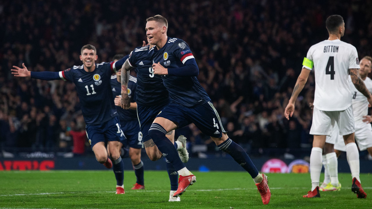 GLASGOW, SCOTLAND - OCTOBER 09: Scotlands Scott McTominay celebrates after scoring to make it 3-2. during a FIFA World Cup Qualifier between Scotland and Israel at Hampden Park, on October 09 , 2021, in Glasgow, Scotland.