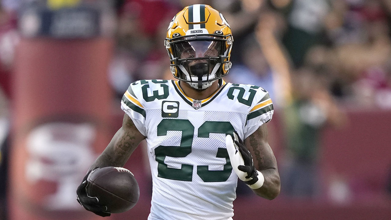 SANTA CLARA, CALIFORNIA - SEPTEMBER 26: Jaire Alexander #23 of the Green Bay Packers runs after intercepting a pass during the first half against the San Francisco 49ers in the game at Levi's Stadium on September 26, 2021 in Santa Clara, California.