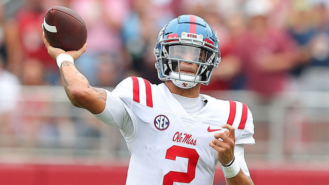 TUSCALOOSA, ALABAMA - OCTOBER 02: Matt Corral #2 of the Mississippi Rebels passes against the Alabama Crimson Tide during the first half at Bryant-Denny Stadium on October 02, 2021 in Tuscaloosa, Alabama.