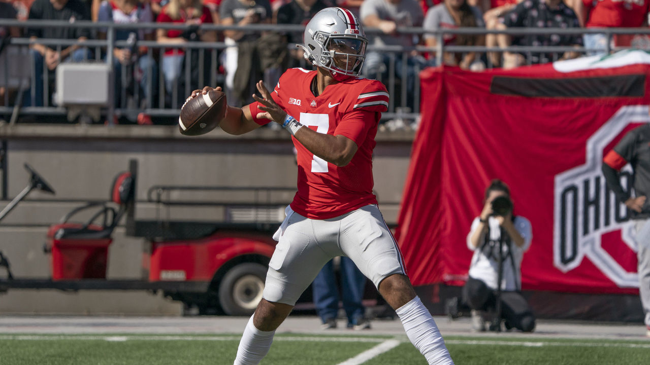 COLUMBUS, OH - OCTOBER 09: Ohio State Buckeyes quarterback C.J. Stroud #7 looks to pass the ball during the game between the Ohio State Buckeyes and the Maryland Terrapins at Ohio Stadium in Columbus, Ohio on October 9, 2021.