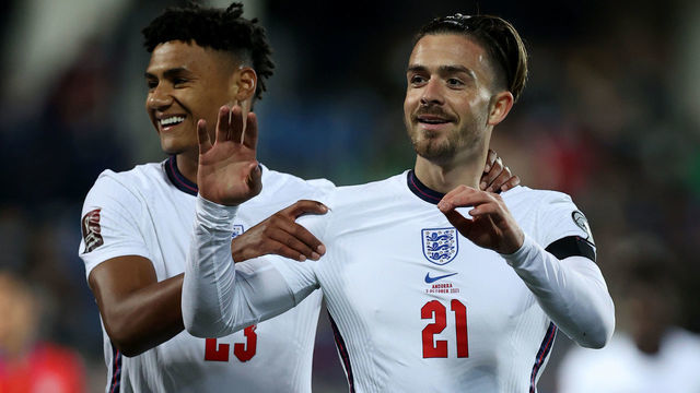 ANDORRA LA VELLA, ANDORRA - OCTOBER 09: Jack Grealish of England celebrates with Ollie Watkins after scoring their team's fifth goal during the 2022 FIFA World Cup Qualifier match between Andorra and England at Estadi Nacional on October 09, 2021 in Andorra la Vella, Andorra.