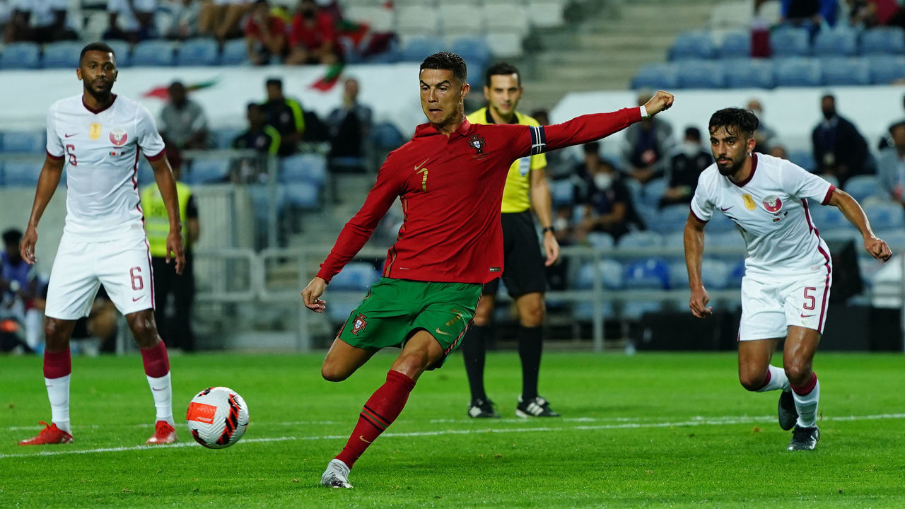 LOULE, PORTUGAL - OCTOBER 9: Cristiano Ronaldo of Manchester United and Portugal in action during the International Friendly match between Portugal and Qatar at Estadio Algarve on October 9, 2021 in Loule, Portugal.