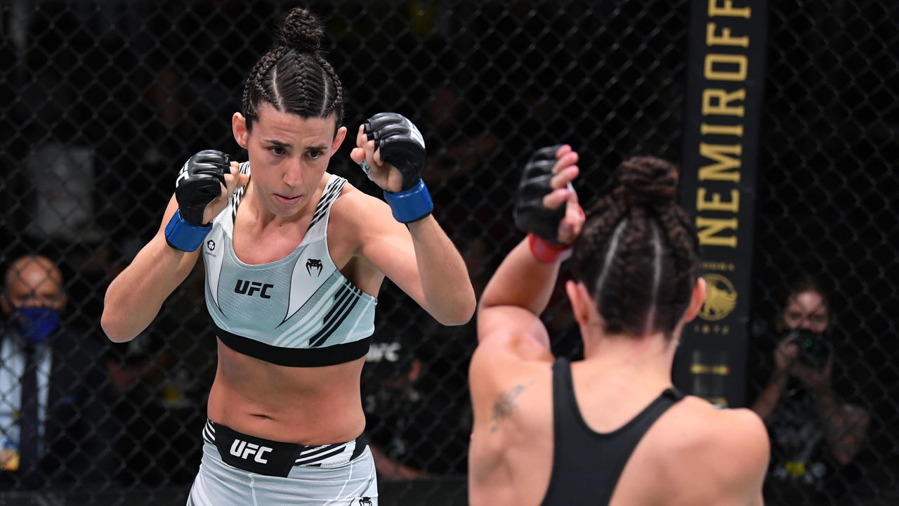 LAS VEGAS, NEVADA - OCTOBER 09: Marina Rodriguez of Brazil battles Mackenzie Dern in their women's strawweight bout during the UFC Fight Night event at UFC APEX on October 09, 2021 in Las Vegas, Nevada.