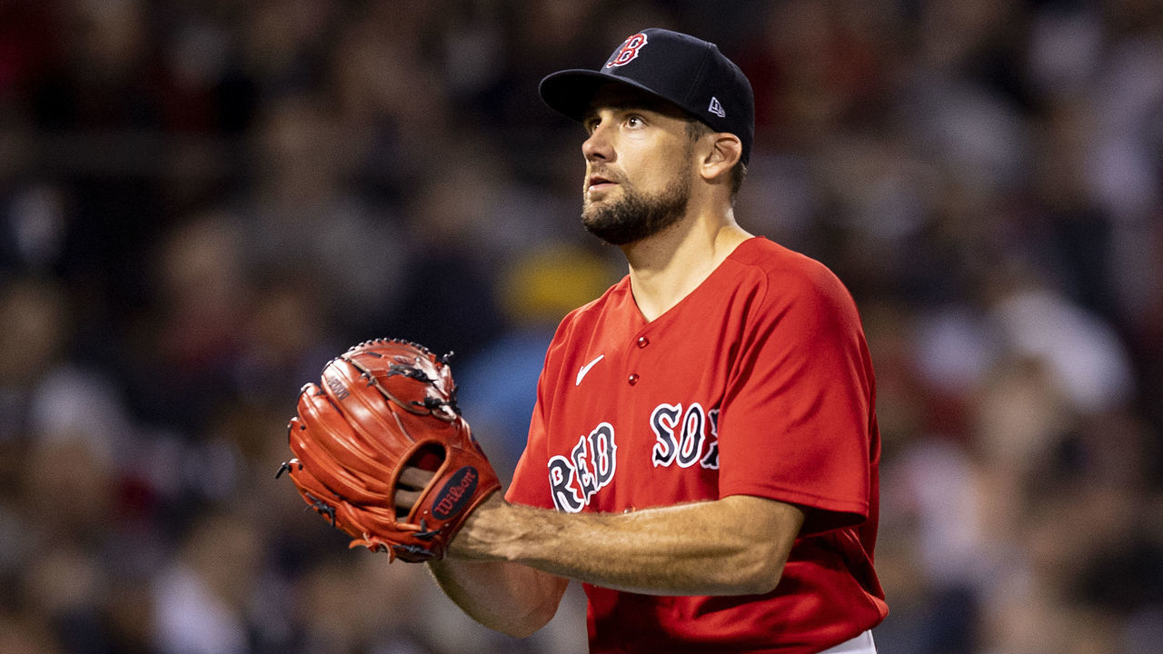 BOSTON, MA - OCTOBER 05: Nathan Eovaldi #17 of the Boston Red Sox reacts during the first inning of the 2021 American League Wild Card game against the New York Yankees at Fenway Park on October 5, 2021 in Boston, Massachusetts.