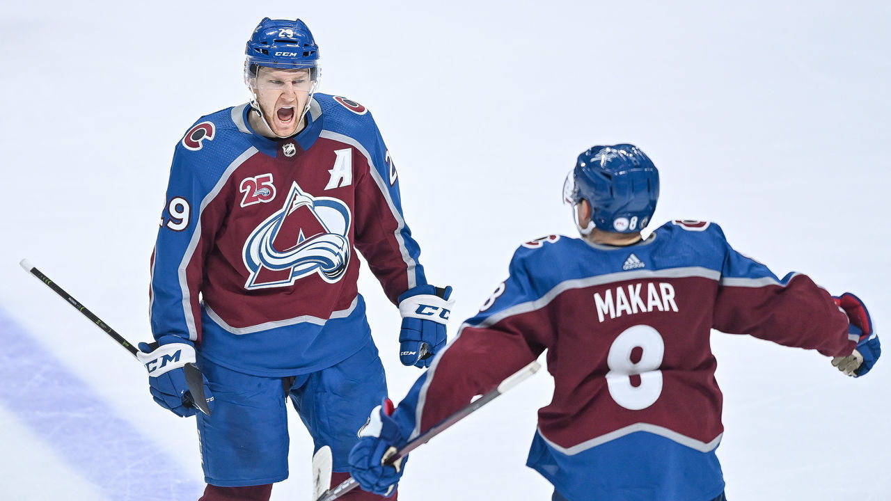 DENVER, CO - MAY 19: Colorado Avalanche center Nathan MacKinnon (29) celebrates with defenseman Cale Makar (8) after scoring a third period goal against the St. Louis Blues during a Stanley Cup Playoffs first round game between the St. Louis Blues and the Colorado Avalanche at Ball Arena in Denver, Colorado on May 19, 2021.