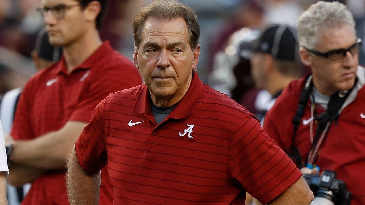 COLLEGE STATION, TEXAS - OCTOBER 09: Head coach Nick Saban of the Alabama Crimson Tide during warm ups before playing the Texas A&M Aggies at Kyle Field on October 09, 2021 in College Station, Texas.