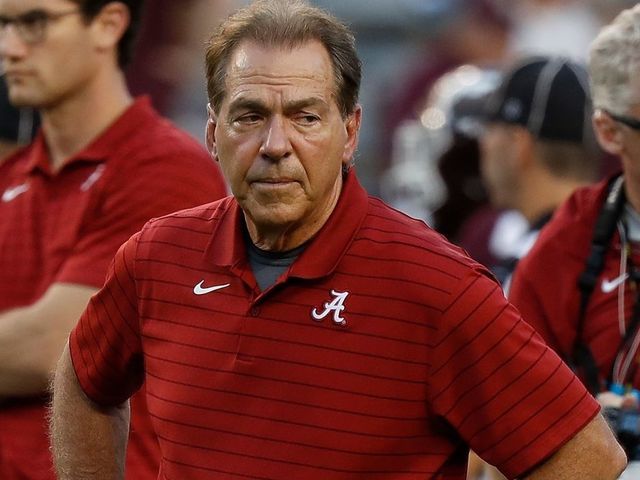COLLEGE STATION, TEXAS - OCTOBER 09: Head coach Nick Saban of the Alabama Crimson Tide during warm ups before playing the Texas A&M Aggies at Kyle Field on October 09, 2021 in College Station, Texas.