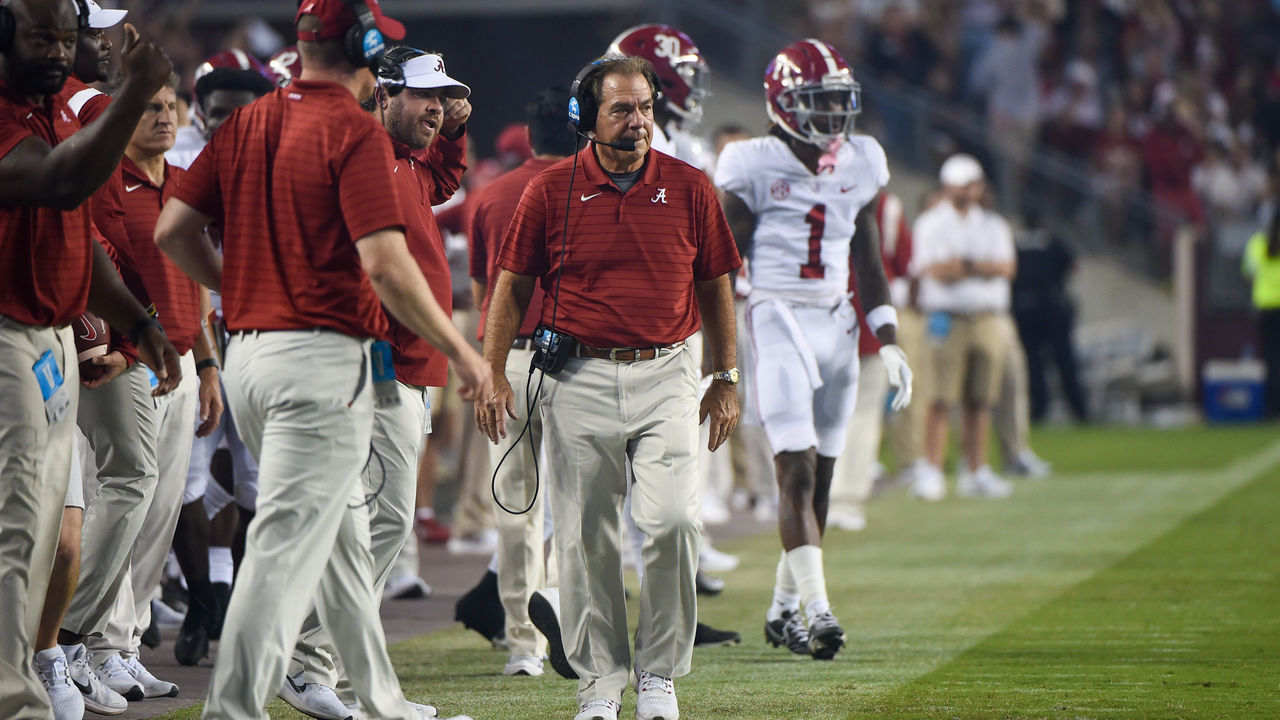 COLLEGE STATION, TX - OCTOBER 09: Alabama Crimson Tide head coach Nick Saban looks on from the sideline during a game between the Alabama Crimson Tide and the Texas A&M Aggies at Kyle Field on October 9, 2021 in College Station, Texas.