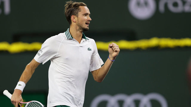 INDIAN WELLS, CALIFORNIA - OCTOBER 09: Daniil Medvedev of Russia celebrates a point against Mackenzie McDonald of the United States during their second round match on Day 6 of the BNP Paribas Open at the Indian Wells Tennis Garden on March 09, 2021 in Indian Wells, California.