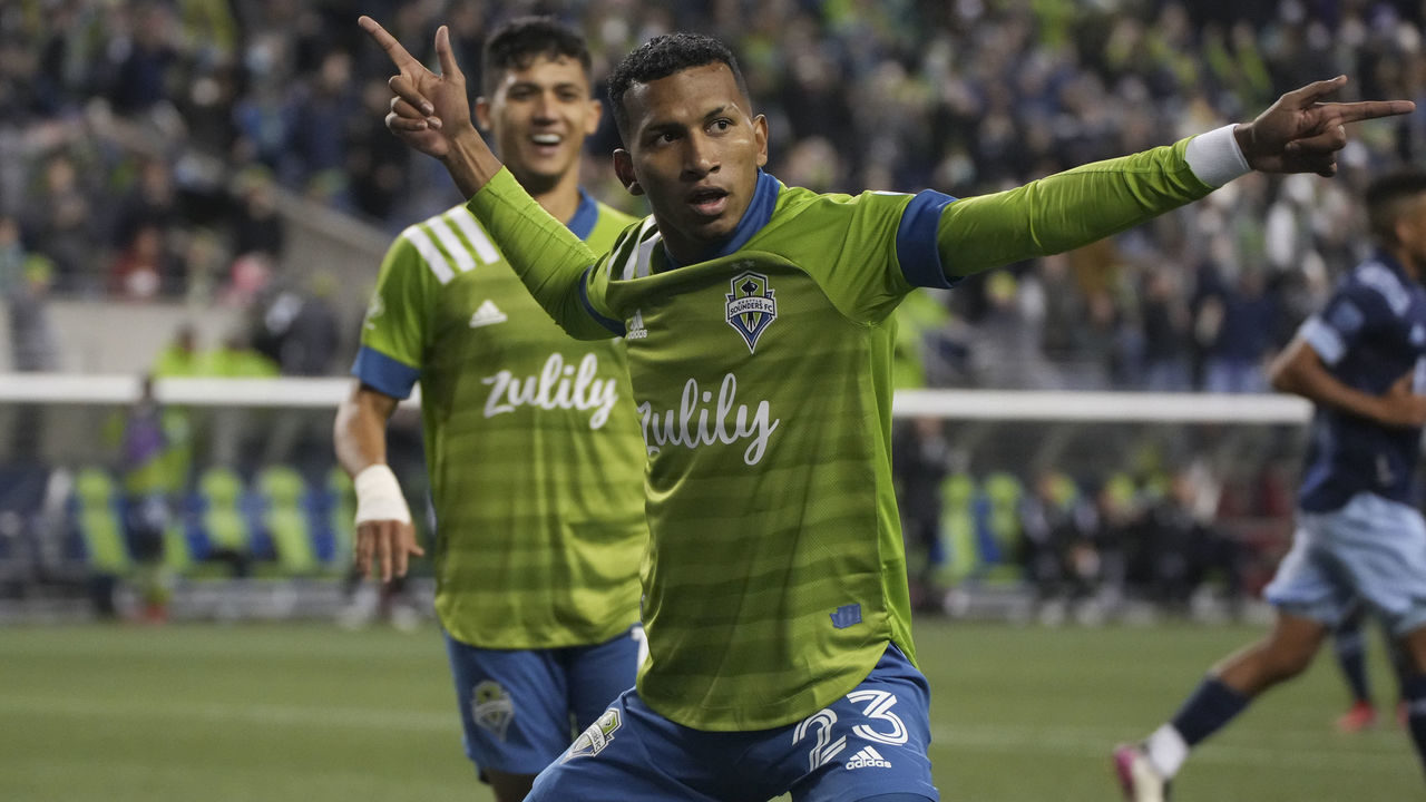 SEATTLE, WA - OCTOBER 09: Seattle Sounders forward Leo Chu (23) celebrates his 2nd half goal during an MLS match between the Vancouver Whitecaps and the Seattle Sounders on October 9, 2021 at Lumen Field in Seattle, WA.