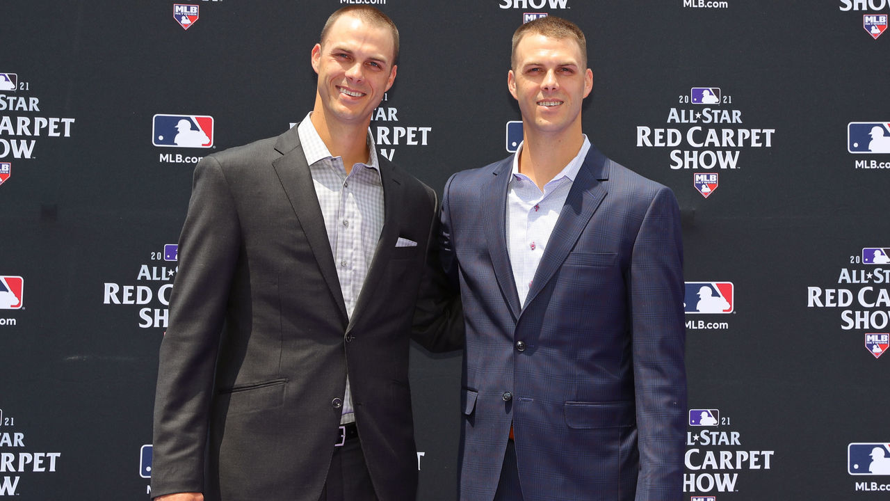 DENVER, CO - JULY 13: Taylor Rogers #55 of the Minnesota Twins poses for a photo with his twin brother Tyler Rogers #71 of the San Francisco Giants during the MLB All-Star Red Carpet Show at Downtown Colorado on Tuesday, July 13, 2021 in Denver, Colorado.