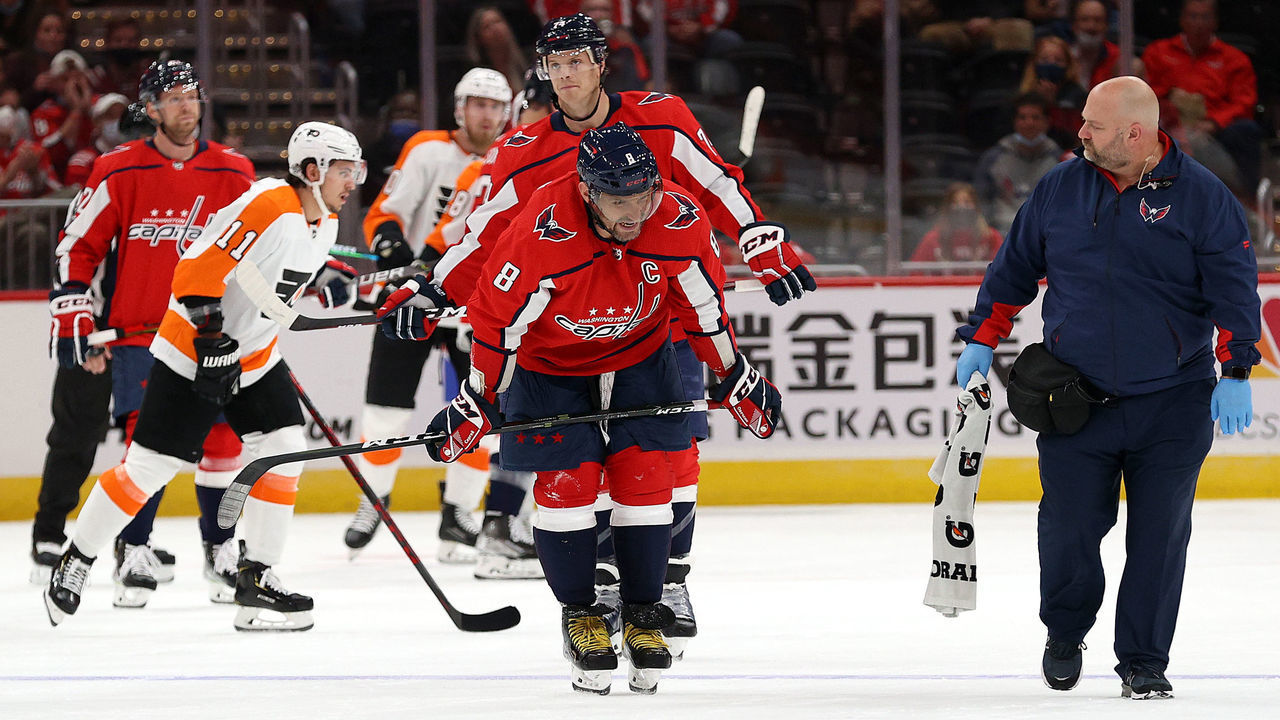 WASHINGTON, DC - OCTOBER 08: Alex Ovechkin #8 of the Washington Capitals skates off the against the Philadelphia Flyers in the first period of a preseason game at Capital One Arena on October 08, 2021 in Washington, DC.