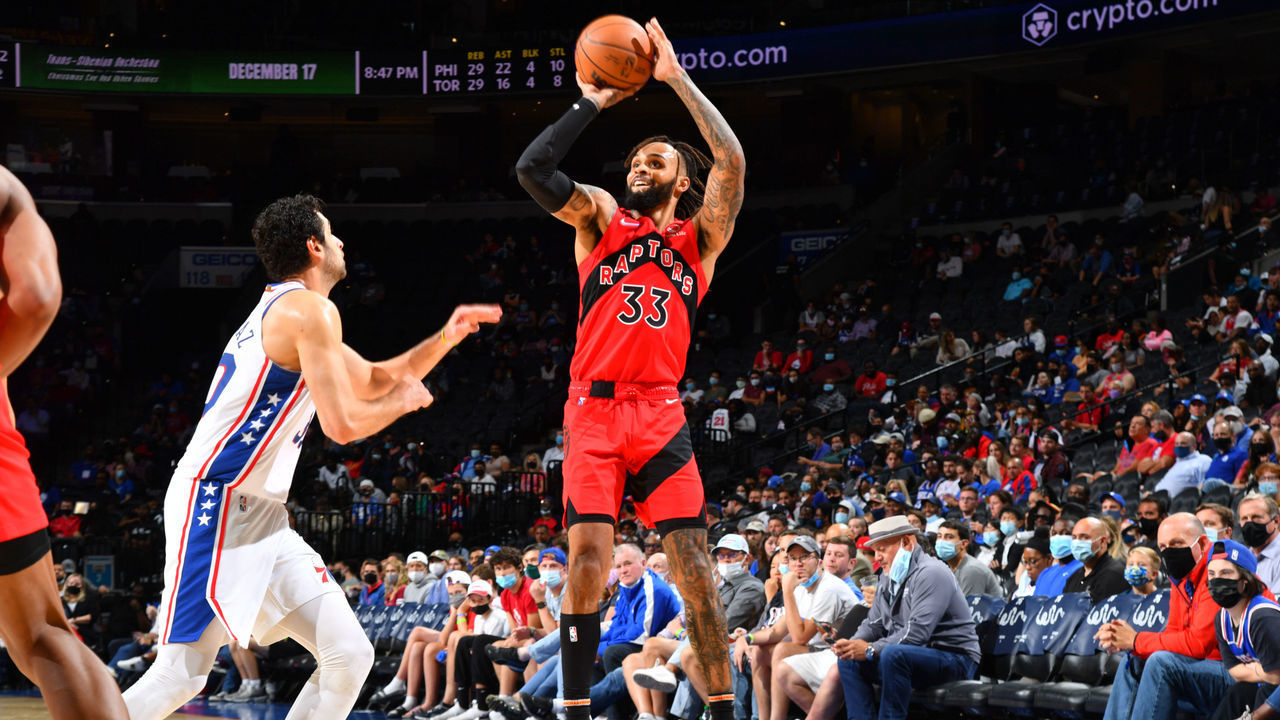 PHILADELPHIA, PA - OCTOBER 7: Gary Trent Jr. #33 of the Toronto Raptors shoots a three-pointer against the Philadelphia 76ers during a preseason game on October 7, 2021 at Wells Fargo Center in Philadelphia, Pennsylvania. NOTE TO USER: User expressly acknowledges and agrees that, by downloading and/or using this Photograph, user is consenting to the terms and conditions of the Getty Images License Agreement. Mandatory Copyright Notice: Copyright 2021 NBAE