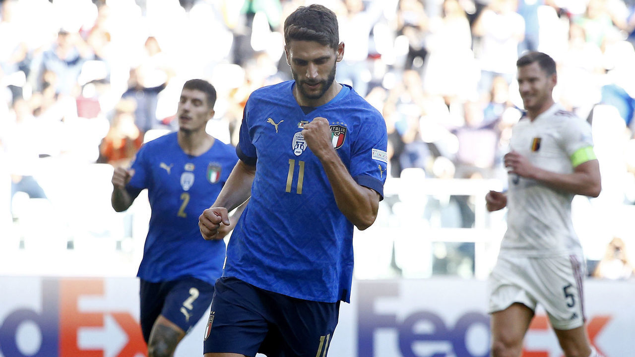 TURIN, ITALY - OCTOBER 10: (BILD OUT) Domenico Berardi of Italy celebrates after scoring his team's second goal during the UEFA Nations League Third Place Playoff match between the Italy and Belgium at Juventus Stadium on October 10, 2021 in Turin, Italy.