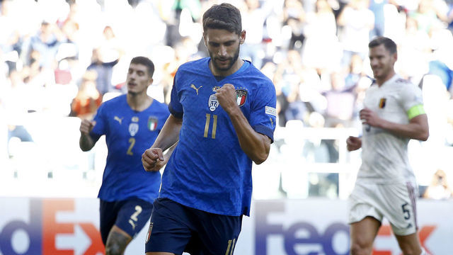 TURIN, ITALY - OCTOBER 10: (BILD OUT) Domenico Berardi of Italy celebrates after scoring his team's second goal during the UEFA Nations League Third Place Playoff match between the Italy and Belgium at Juventus Stadium on October 10, 2021 in Turin, Italy.