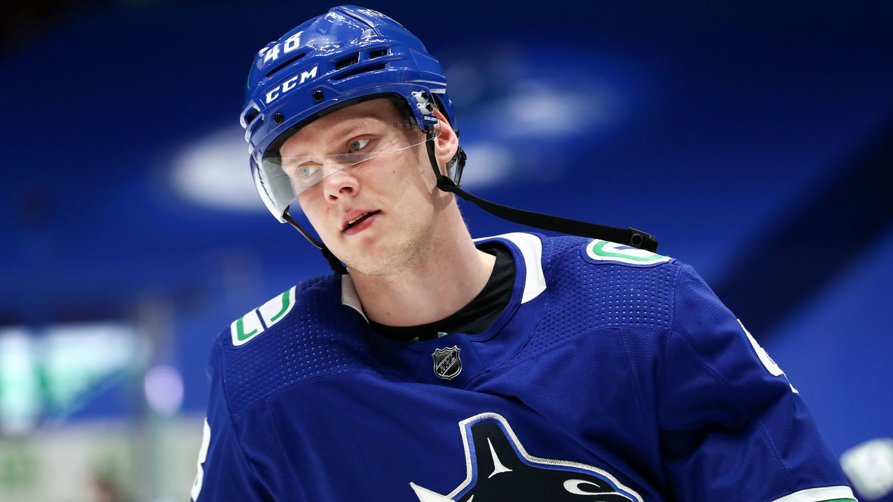 VANCOUVER, BC - MAY 03: Vancouver Canucks Defenceman Olli Juolevi (48) warms up before playing the Edmonton Oilers during their NHL game at Rogers Arena on May 3, 2021 in Vancouver, British Columbia, Canada.