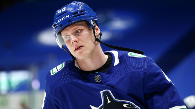 VANCOUVER, BC - MAY 03: Vancouver Canucks Defenceman Olli Juolevi (48) warms up before playing the Edmonton Oilers during their NHL game at Rogers Arena on May 3, 2021 in Vancouver, British Columbia, Canada.