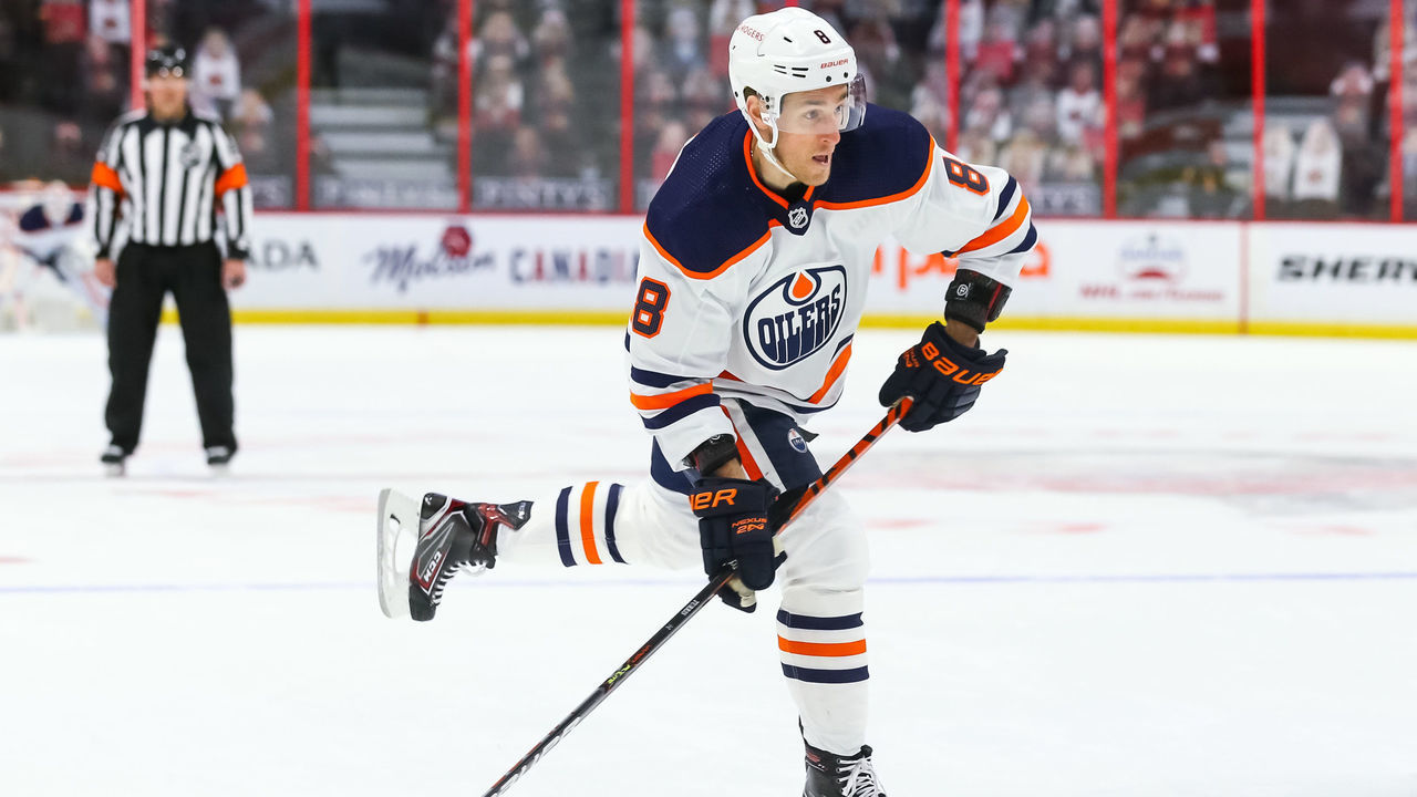 OTTAWA, ON - APRIL 7: Kyle Turris #8 of the Edmonton Oilers skates against the Ottawa Senators at Canadian Tire Centre on April 7, 2021 in Ottawa, Ontario, Canada.