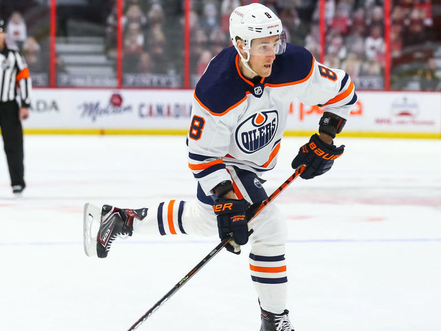 OTTAWA, ON - APRIL 7: Kyle Turris #8 of the Edmonton Oilers skates against the Ottawa Senators at Canadian Tire Centre on April 7, 2021 in Ottawa, Ontario, Canada.