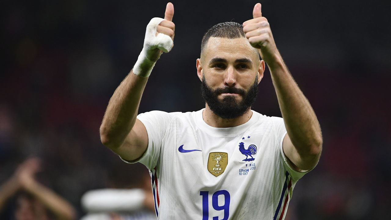 MILAN, ITALY, OCTOBER 10: Karim Benzema, of France, celebrates at the end of the UEFA Nations League football tournament final match between Spain and France at San Siro stadium in Milan, Italy, on October 10, 2021. France defeated Spain 2-1.