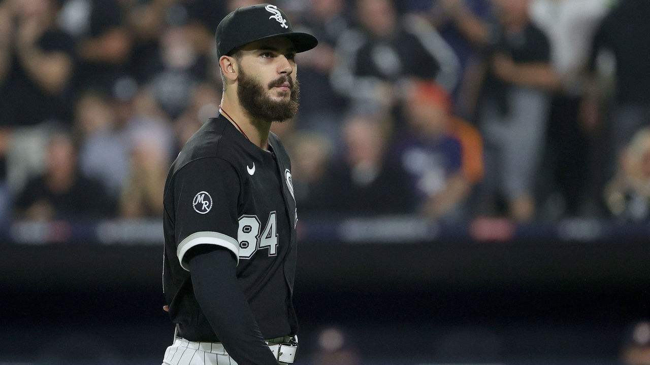CHICAGO, ILLINOIS - OCTOBER 10: Dylan Cease #84 of the Chicago White Sox walks to the dugout in the first inning during game 3 of the American League Division Series against the Houston Astros at Guaranteed Rate Field on October 10, 2021 in Chicago, Illinois.