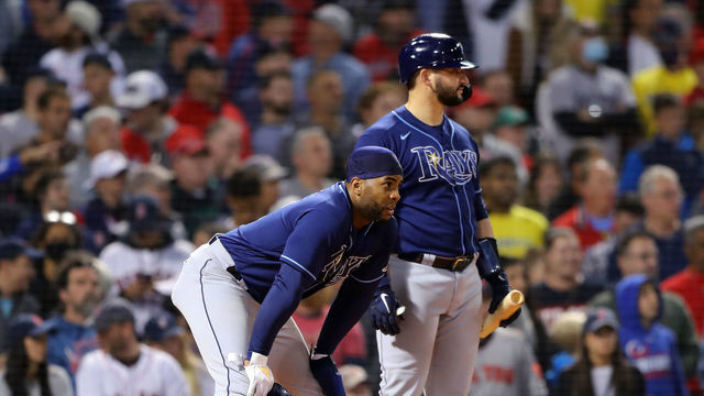 BOSTON, MA - OCTOBER 10: Yandy Díaz #2 and Mike Zunino #10 of the Tampa Bay Rays look on during a play review in the 13th inning during Game 3 of the ALDS between the Tampa Bay Rays and the Boston Red Sox at Fenway Park on Sunday, October 10, 2021 in Boston, Massachusetts.