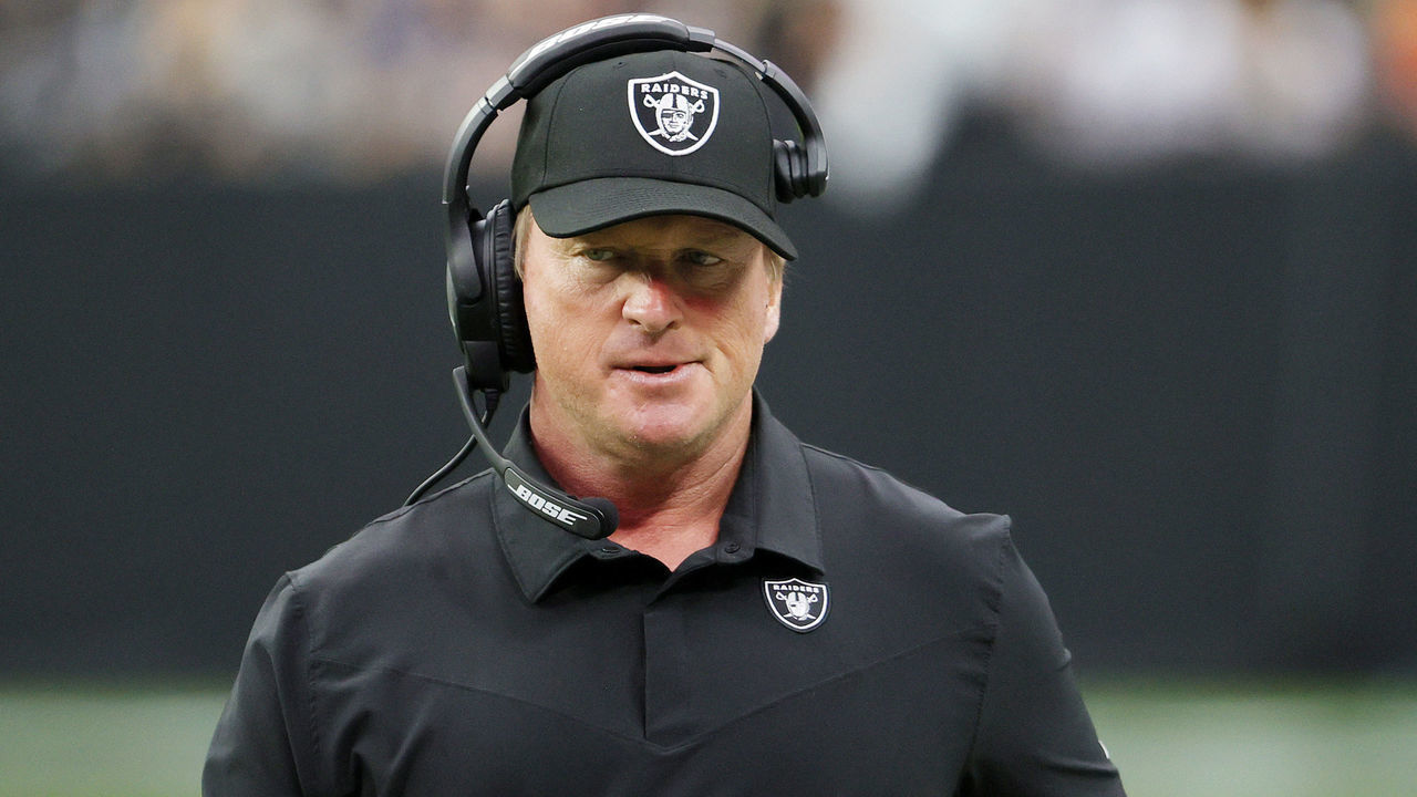 LAS VEGAS, NEVADA - OCTOBER 10: Head coach John Gruden of the Las Vegas Raiders reacts during the first half against the Chicago Bears at Allegiant Stadium on October 10, 2021 in Las Vegas, Nevada.