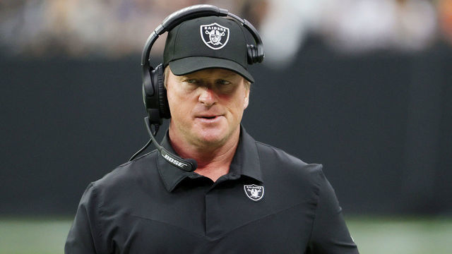 LAS VEGAS, NEVADA - OCTOBER 10: Head coach John Gruden of the Las Vegas Raiders reacts during the first half against the Chicago Bears at Allegiant Stadium on October 10, 2021 in Las Vegas, Nevada.