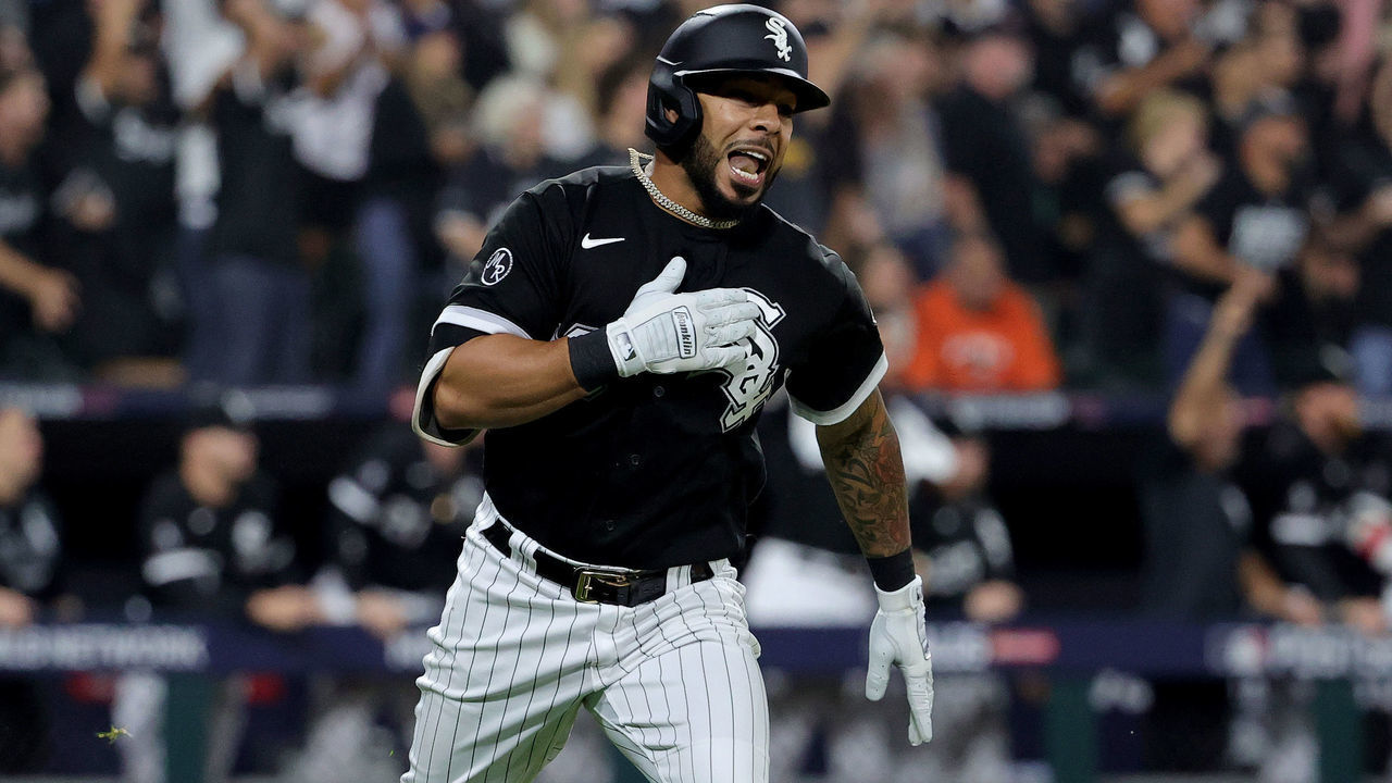 CHICAGO, ILLINOIS - OCTOBER 10: Leury Garcia #28 of the Chicago White Sox hits a three run home run in the third inning during game 3 of the American League Division Series against the Houston Astros at Guaranteed Rate Field on October 10, 2021 in Chicago, Illinois.