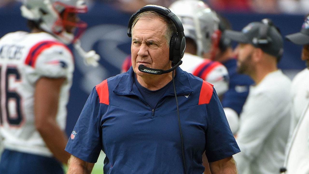 HOUSTON, TX - OCTOBER 10: New England Patriots head coach Bill Belichick looks on from the sideline during the Patriot's final drive during the football game between the New England Patriots and Houston Texans at NRG Stadium on October 10, 2021 in Houston, Texas.