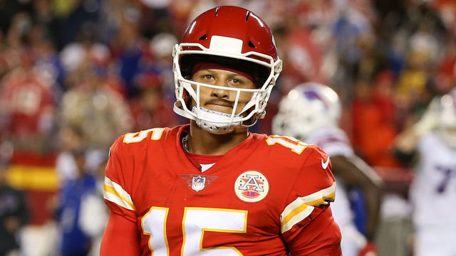 KANSAS CITY, MO - OCTOBER 10: Kansas City Chiefs quarterback Patrick Mahomes (15) looks dejected after throwing an interception late in the third quarter of an NFL football game between the Buffalo Bills and Kansas City Chiefs on Oct 10, 2021 at GEHA Filed at Arrowhead Stadium in Kansas City, MO.