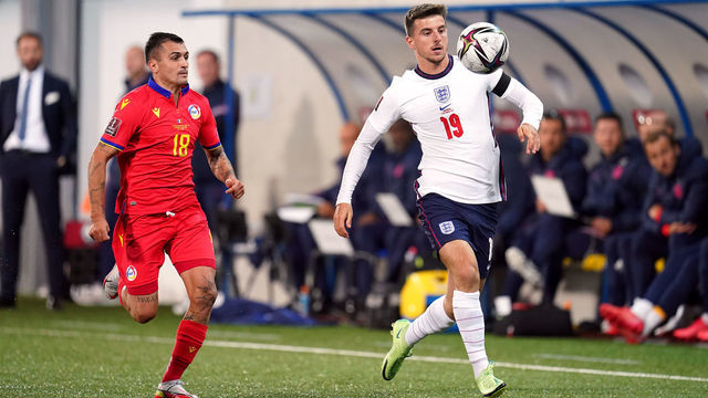 Andorra's Jesus Rubio and England's Mason Mount (right) during the FIFA World Cup Qualifying match at Estadi Nacional, Andorra. Picture date: Saturday October 9, 2021.